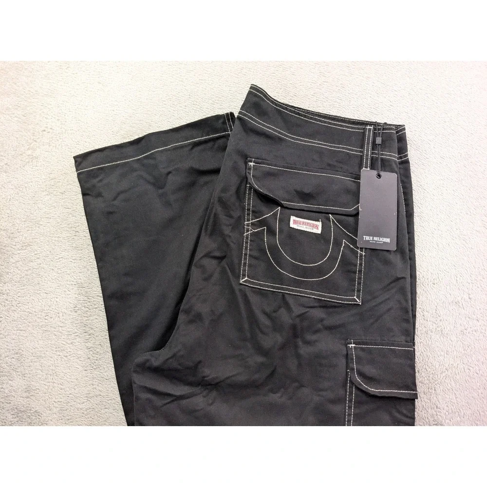 True Religion Mens Jet Black Contrast Stitch Cargo Pants 100335 Size 36 NEW
